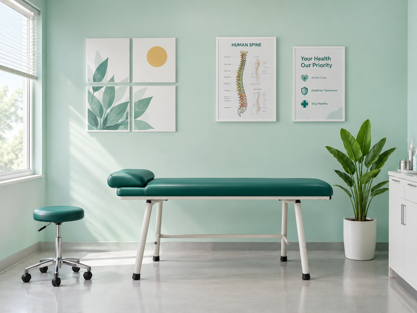 Illustration of a calm SpineWell treatment room with an adjustment table