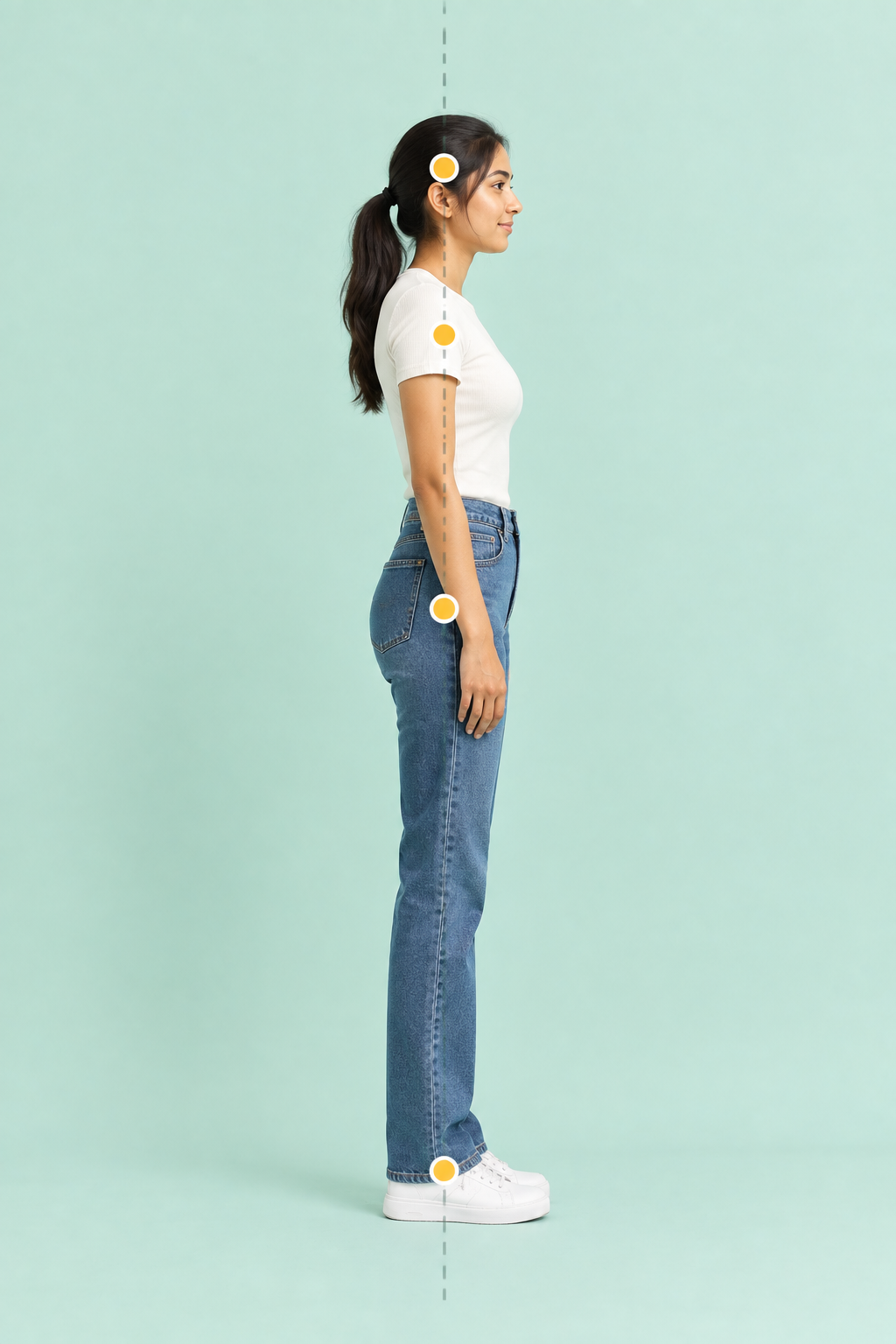 Side-view illustration of aligned posture: ear, shoulder, hip and ankle sit on one vertical line