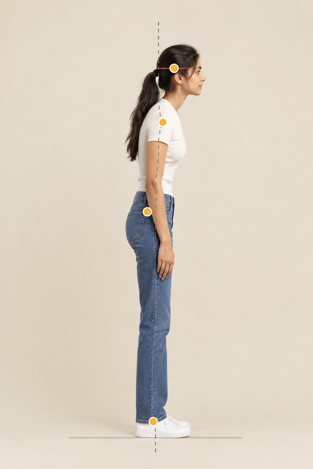 Side-view illustration of slouched posture: the head and shoulders sit forward of the vertical line